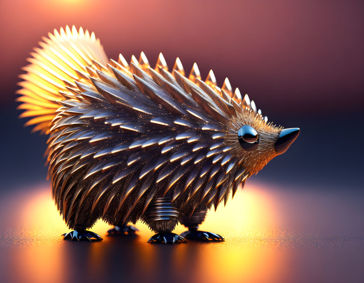Stylized metallic hedgehog on warm gradient backdrop