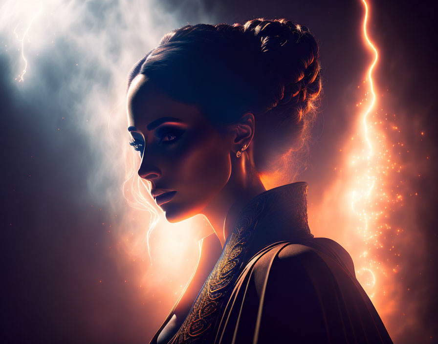 Profile of woman with ethereal lighting against fiery backdrop