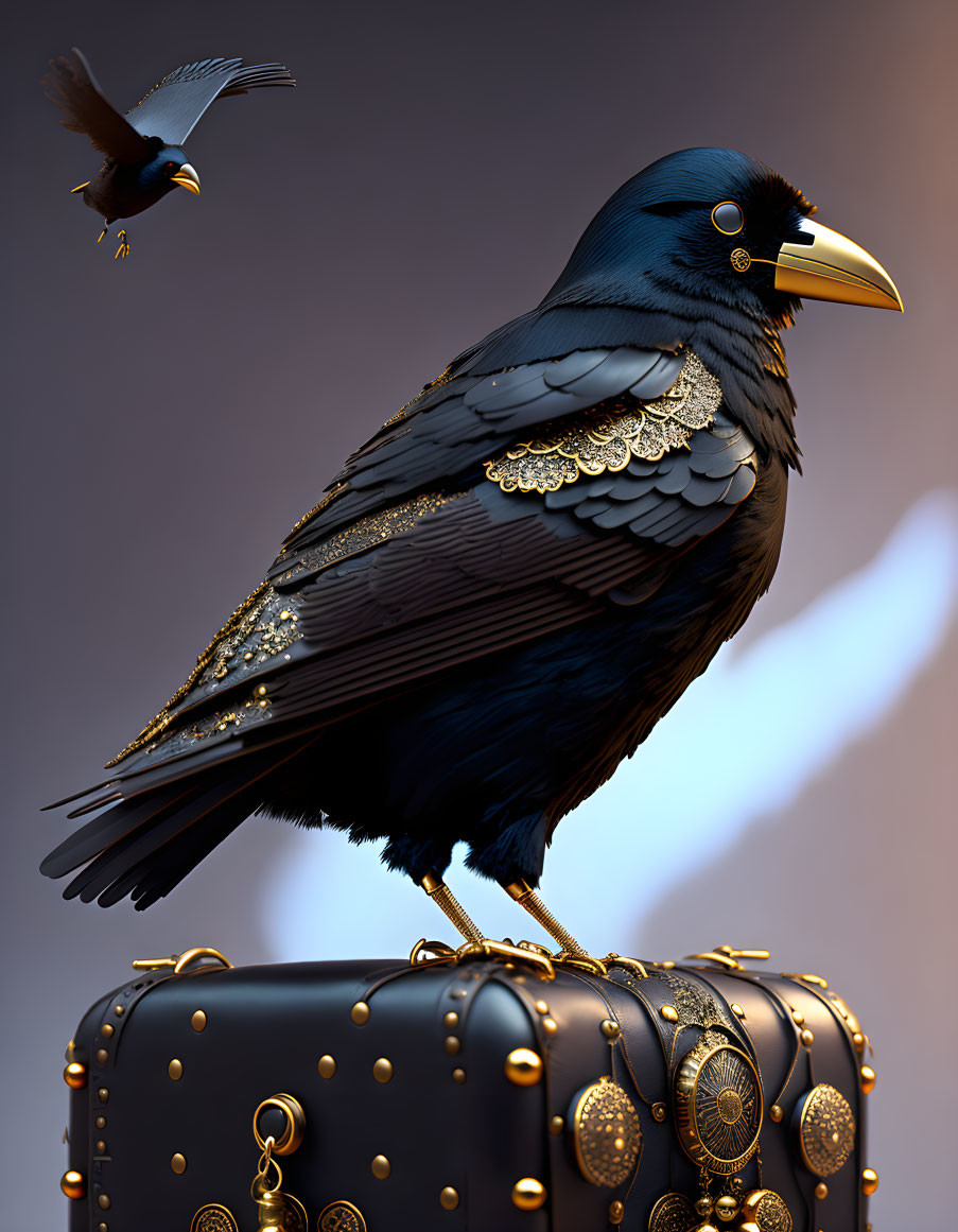 Detailed illustration of black raven with gold accents on vintage suitcase