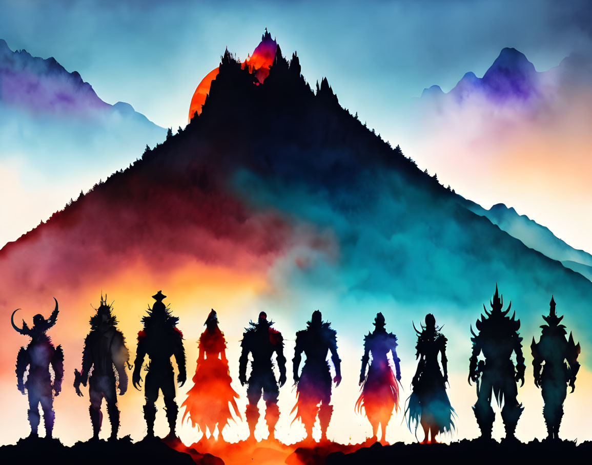 Silhouetted Figures with Horns and Weapons Against Mountain Backdrop