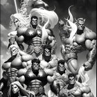 Monochrome superhero group illustration with lightning bolt.
