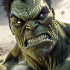 Detailed digital illustration: Hulk's angry face in clouds above forest