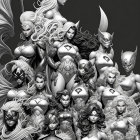 Grayscale illustration of female superheroes in star-emblem costumes