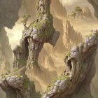 Majestic tree-like rock formation in misty mountain landscape