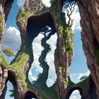 Fantastical landscape with spiral staircase around colossal tree in ancient forest