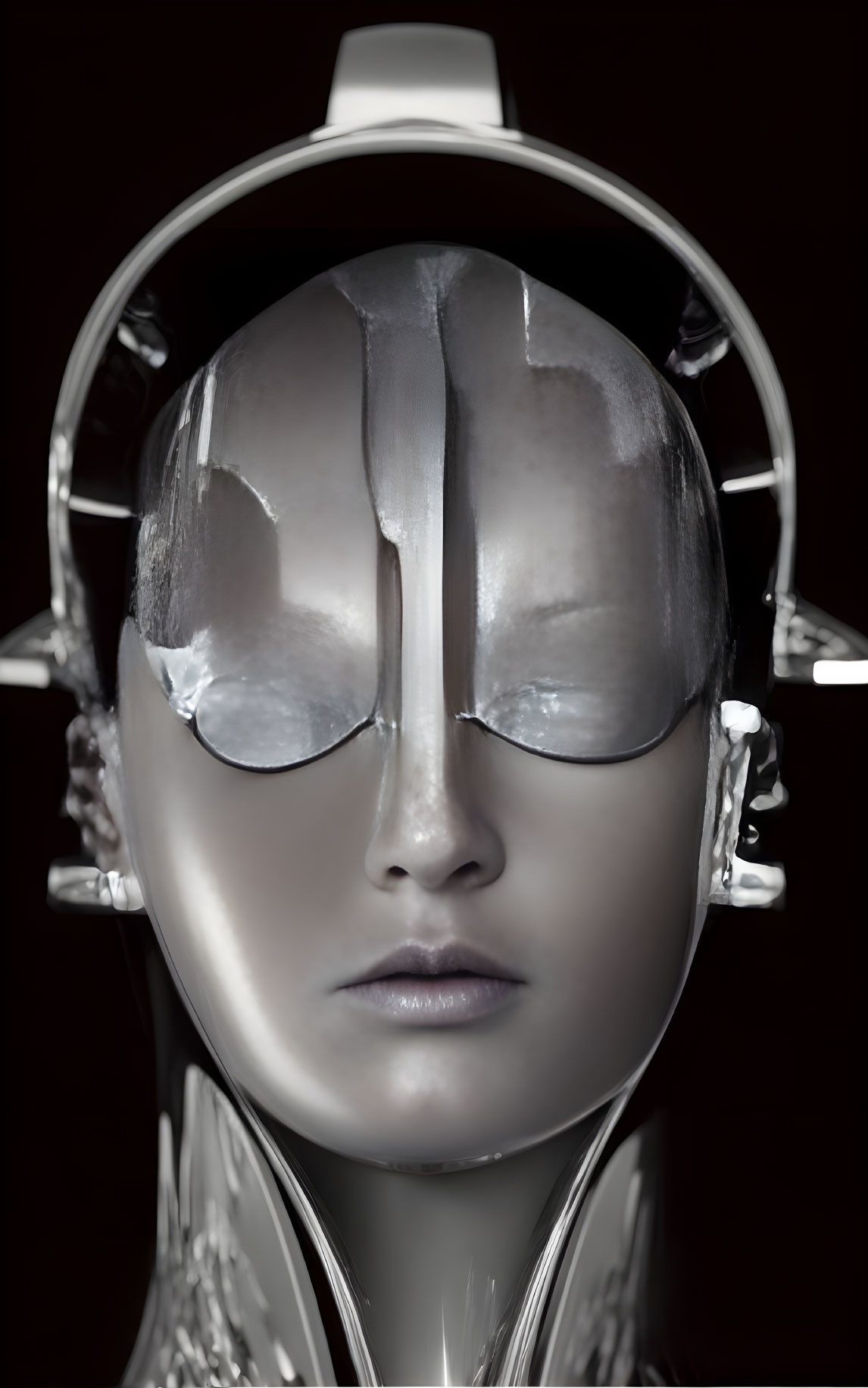 Humanoid Robot Head with Metallic Finish and Closed Eyes on Dark Background