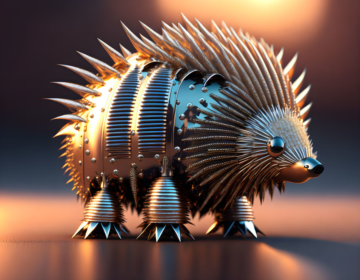 Robotic hedgehog with metal spines and glowing eyes on orange background