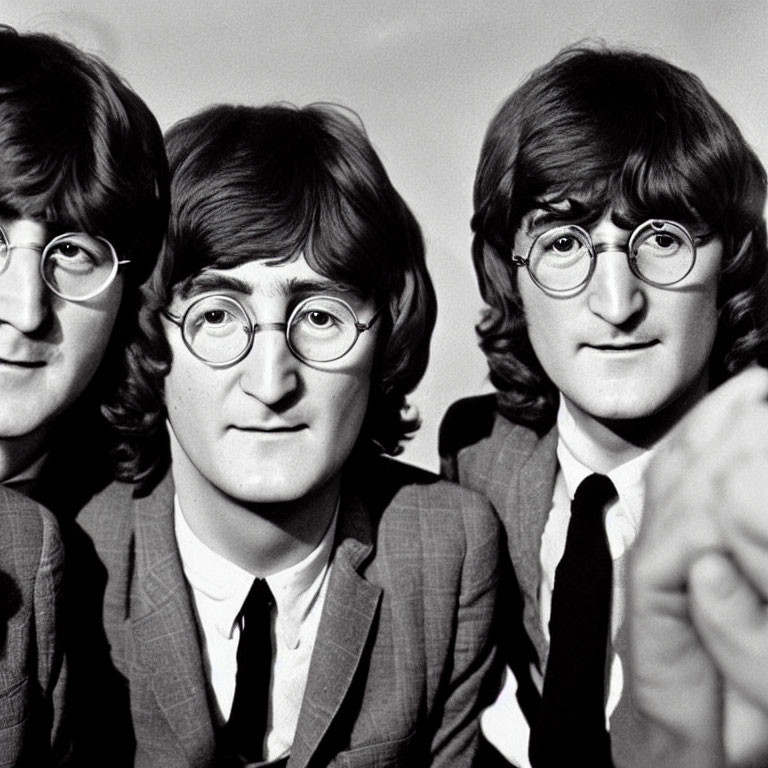 Monochrome picture: Three men in round glasses, mop-top haircuts, dark suits.