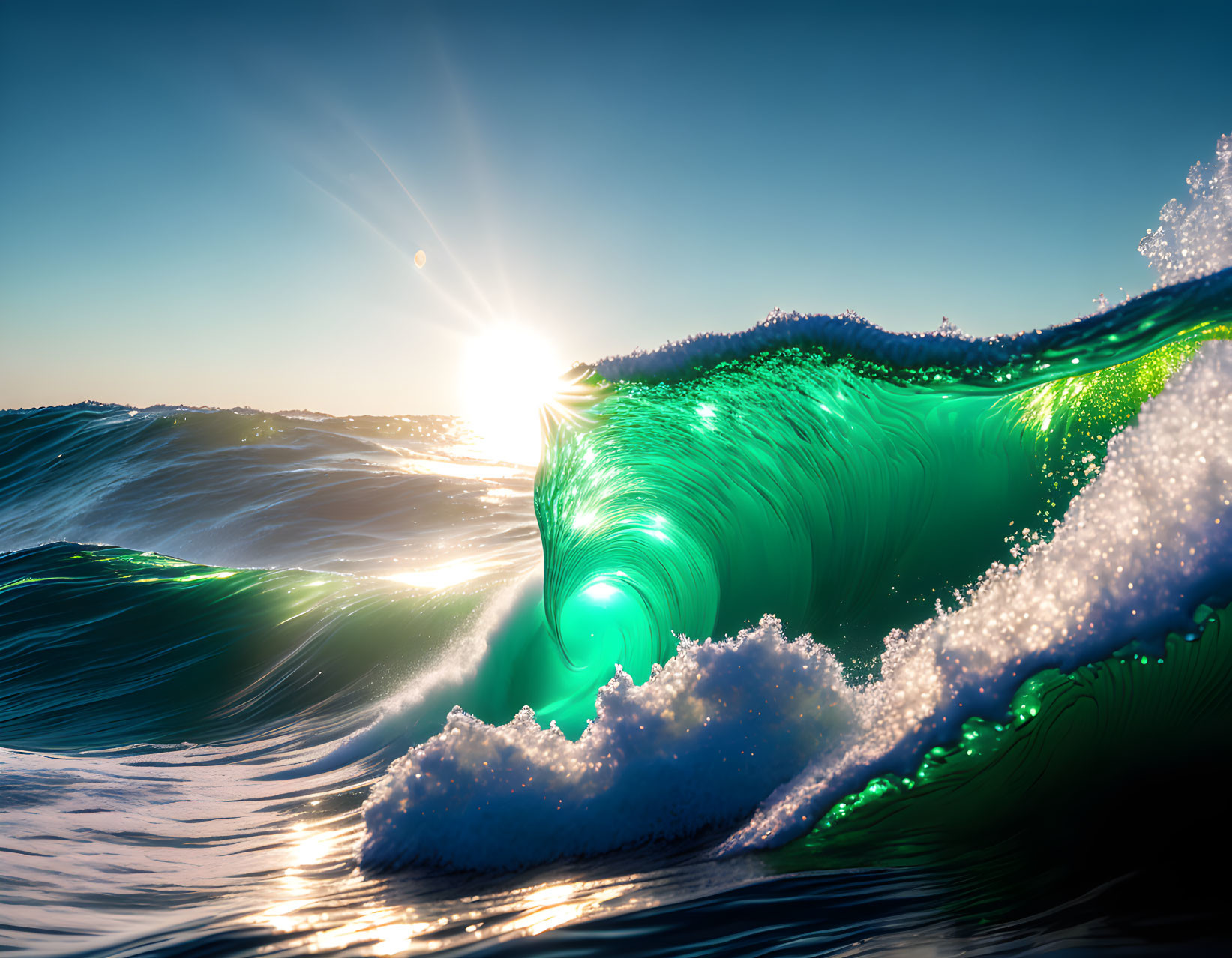 Translucent ocean wave under sunlight: vibrant green against blue sky