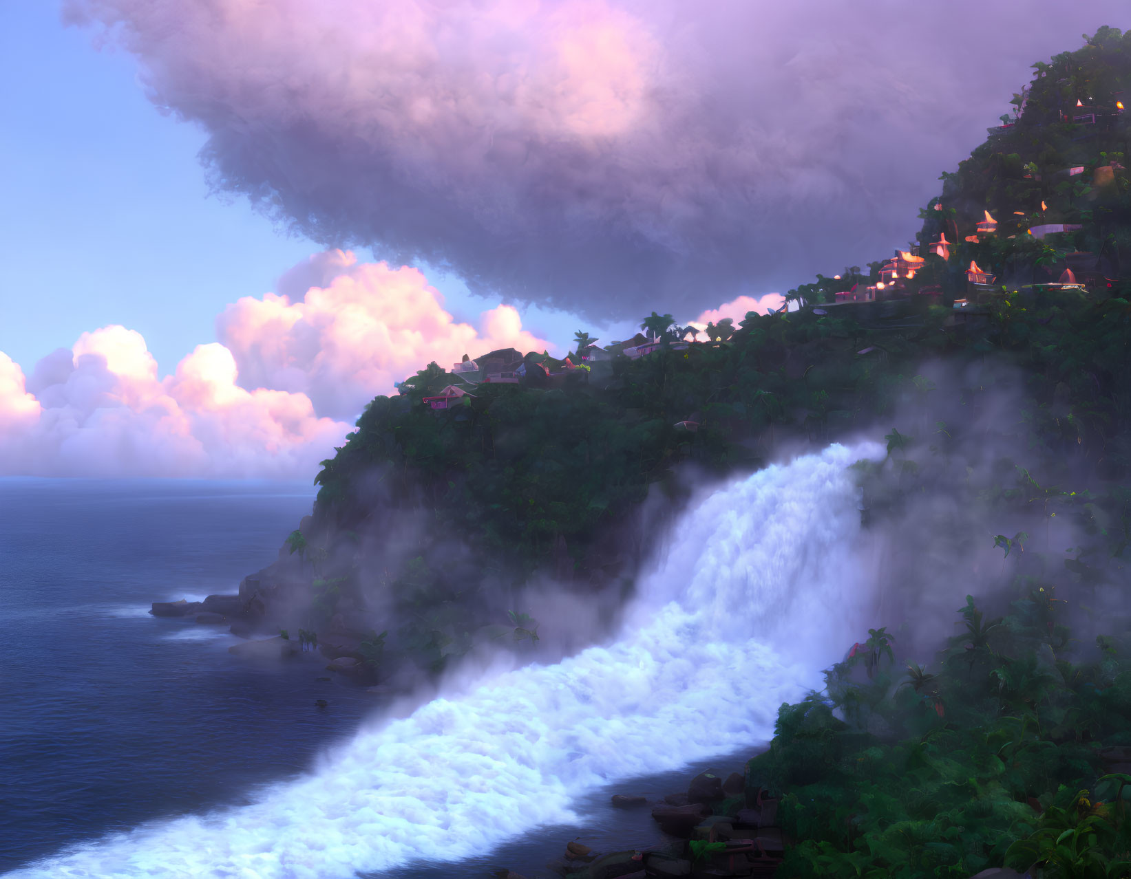 Twilight coastal waterfall scene with lush greenery and lit buildings