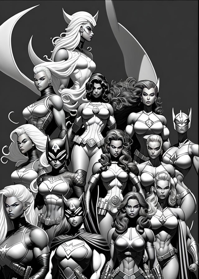 Monochromatic female superhero group with crescent moon.