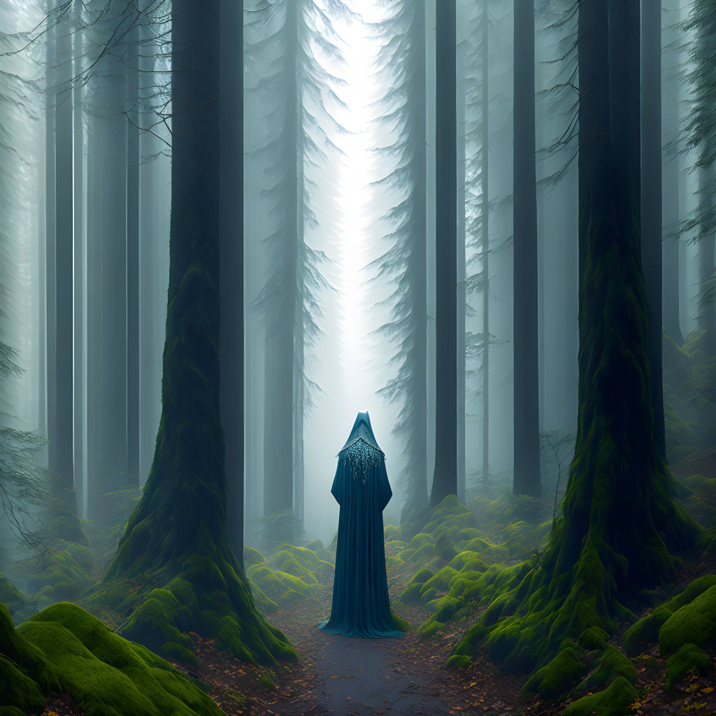 Mystical forest scene with cloaked figure in foggy ambiance