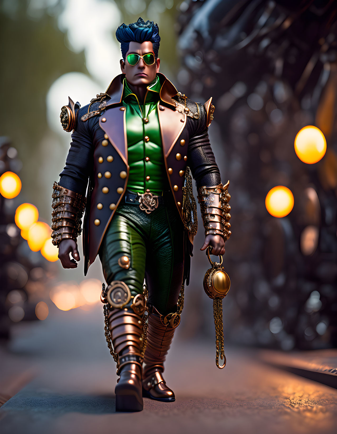 Stylized punk figure in green jacket among glowing orbs and metallic structures