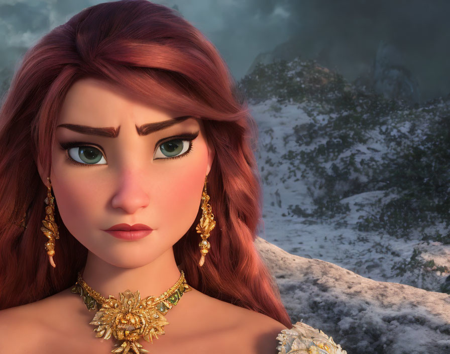 3D animated female character with red hair and green eyes in snowy mountain setting