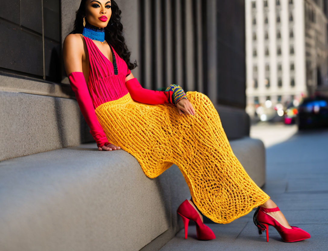 Fashionable woman in red top and yellow skirt sitting on urban steps with blue jewelry and red gloves.