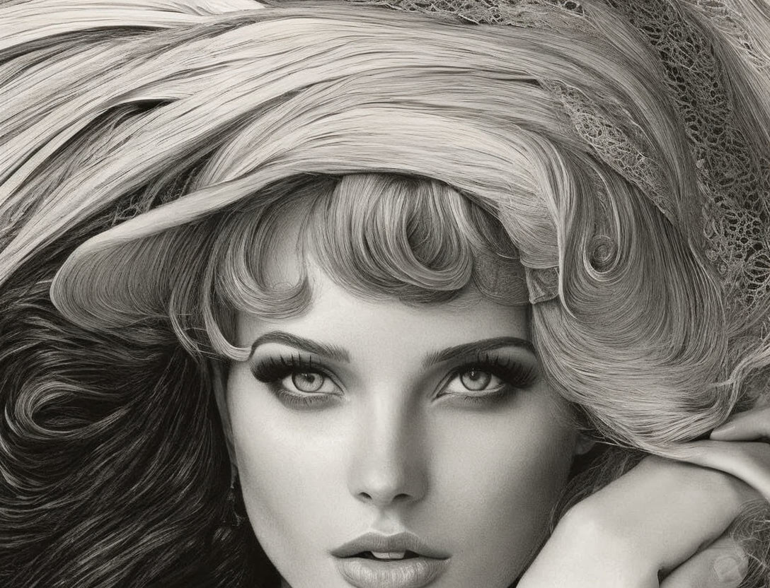 Detailed monochrome portrait of a woman with flowing hair and captivating eyes in vintage style