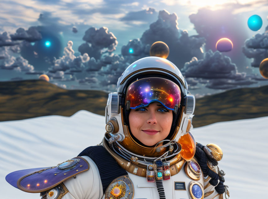 Astronaut in reflective helmet on alien landscape with starry sky