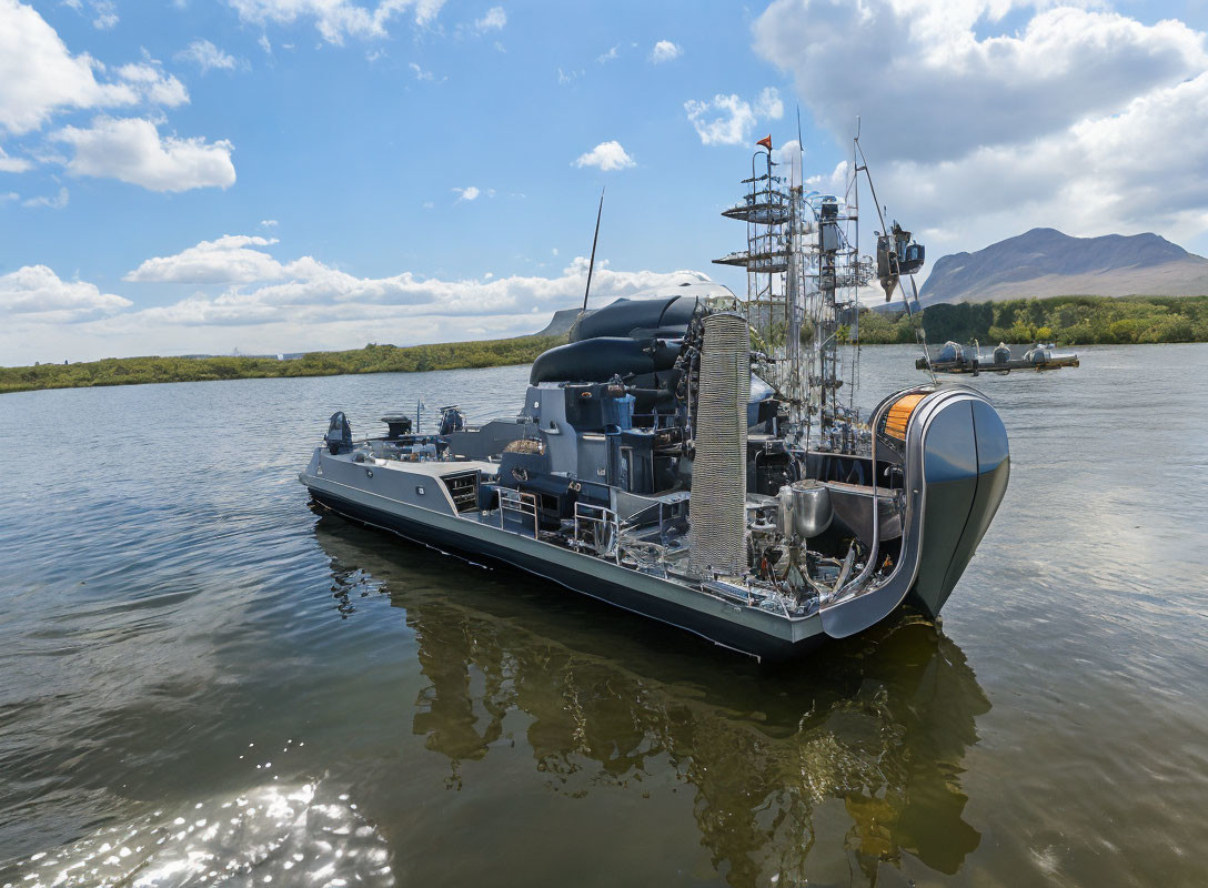 Large Scale Modern Warship Model on Calm Water with Mountains & Clear Sky