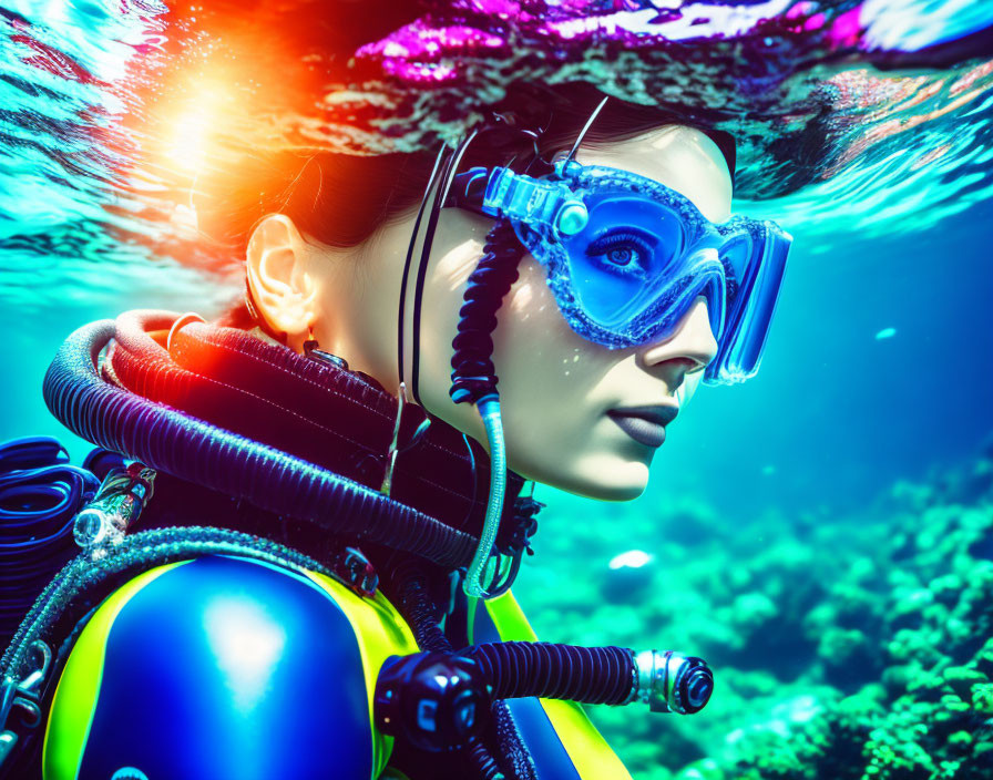 Female scuba diver with flowing hair underwater surrounded by vibrant marine life