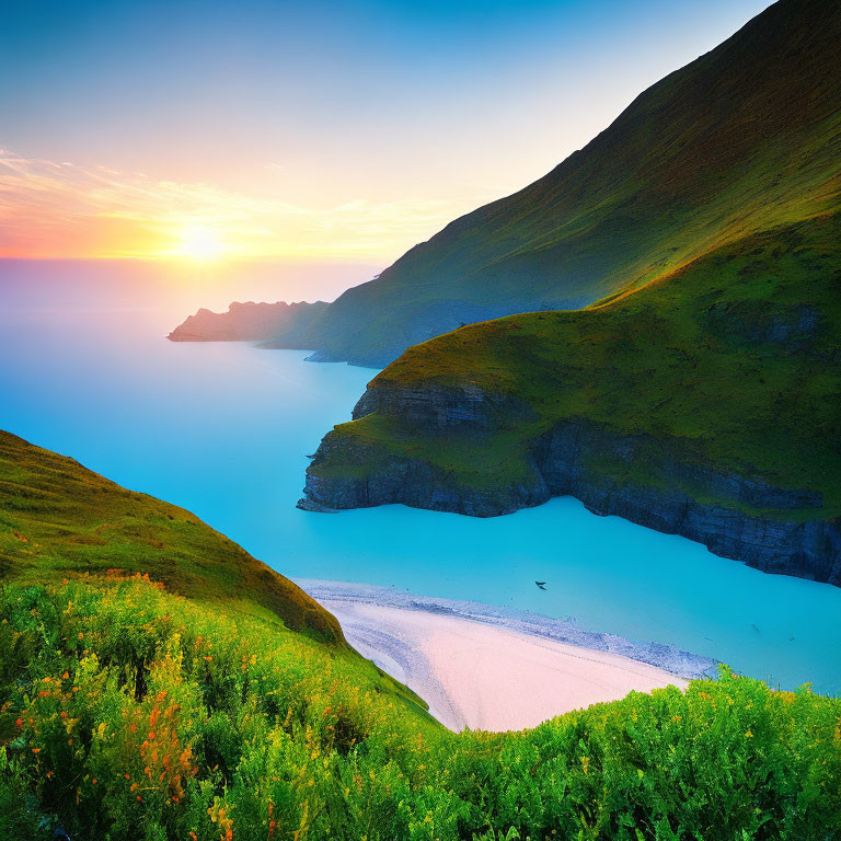 Scenic green hillside meets tranquil beach at sunset