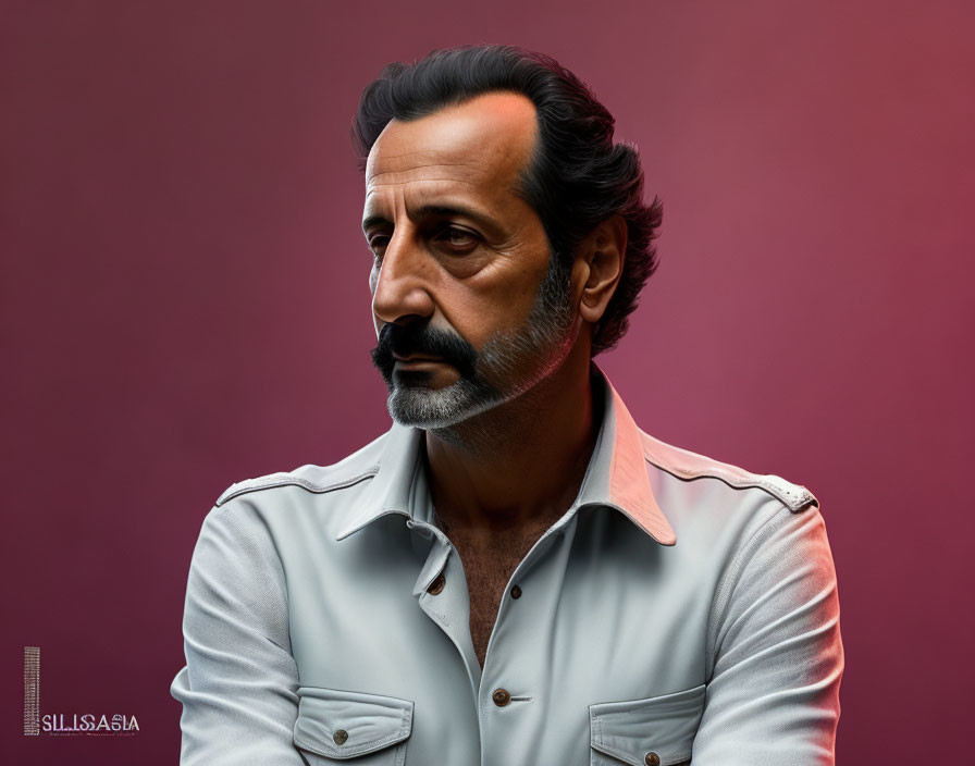 Realistic digital portrait: man with mustache, light shirt, maroon background