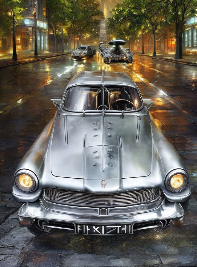 Classic Silver Car with Distinctive Headlights on Wet Night Street