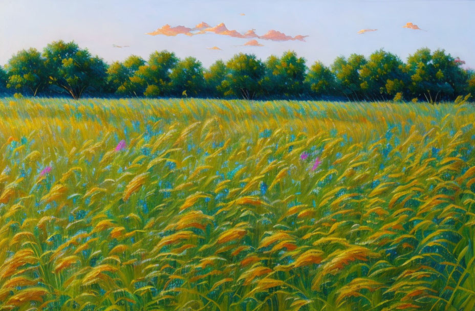 Serene wheat field painting with purple flowers and pastel sky