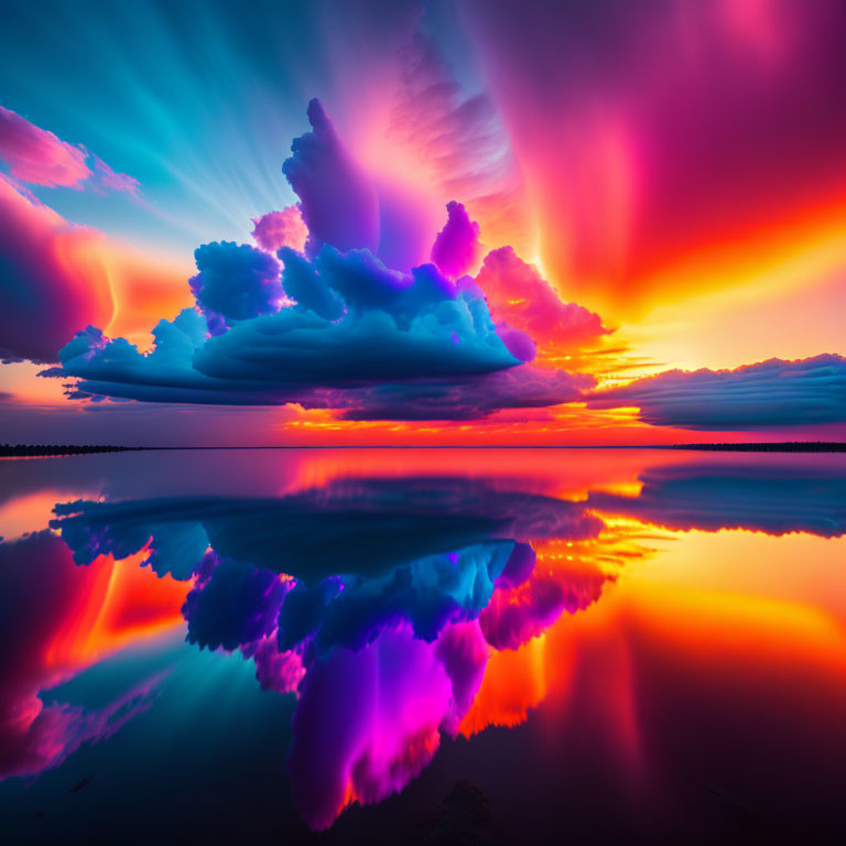 Scenic sunset over calm lake with dramatic clouds and colorful spectrum