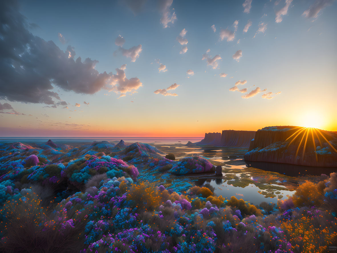 Vibrant sunset over surreal landscape with colorful flora and cliffs by tranquil water