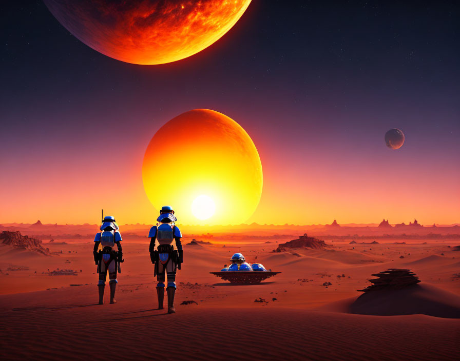 Astronauts watching sunset on desert planet with large planets and spaceship.