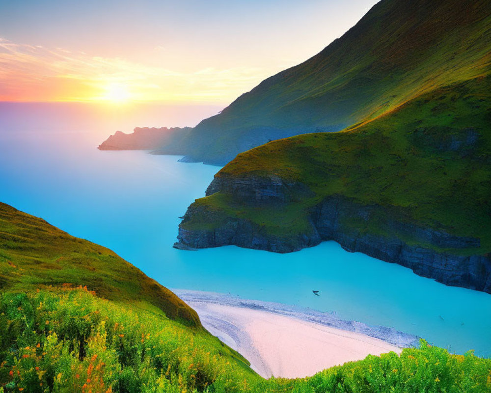 Scenic green hillside meets tranquil beach at sunset