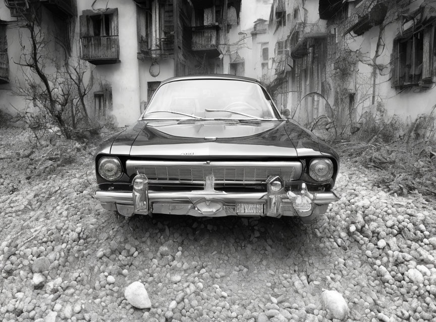 Classic Vintage Car Parked in Cobblestone Courtyard with Dilapidated Buildings in Black and White