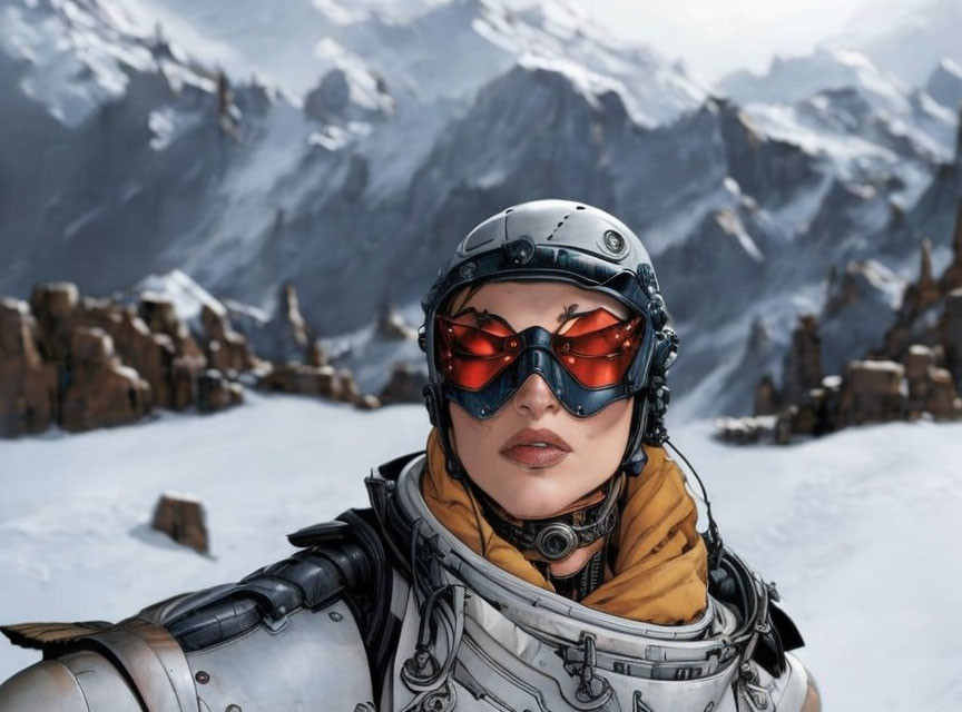 Futuristic pilot in red goggles against snowy mountain.