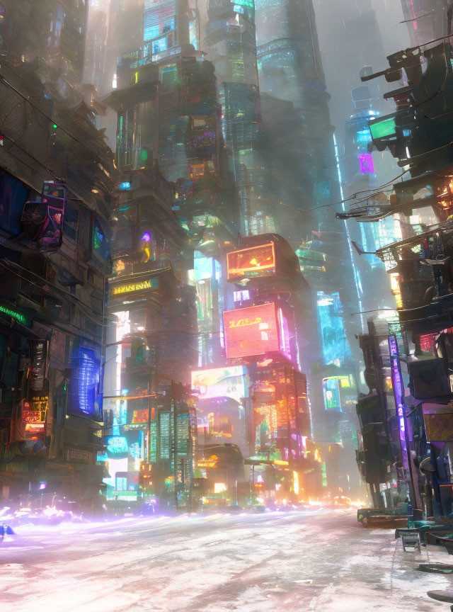 Futuristic night cityscape with neon lights and skyscrapers