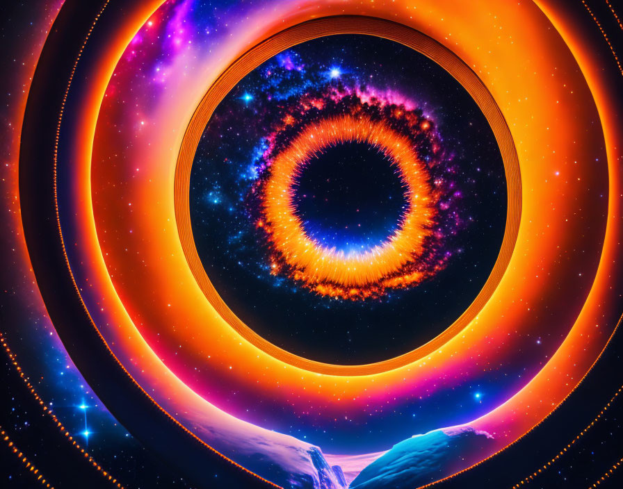 Circular Galactic Portal in Space with Orange and Purple Rings