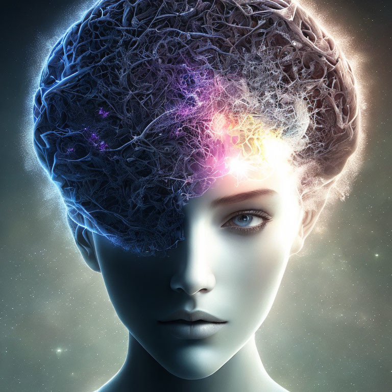 Colorful Brain-Like Head Portrait in Cosmic Setting