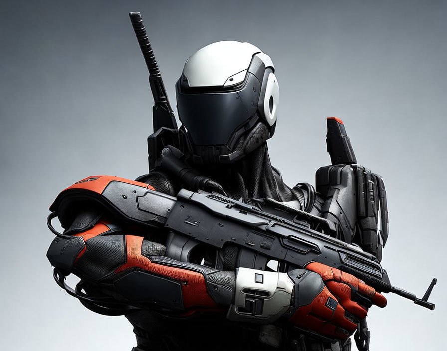 Futuristic humanoid figure in armor suit with sci-fi rifle on gray background