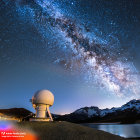 Starry sky over observatory by lake and mountains