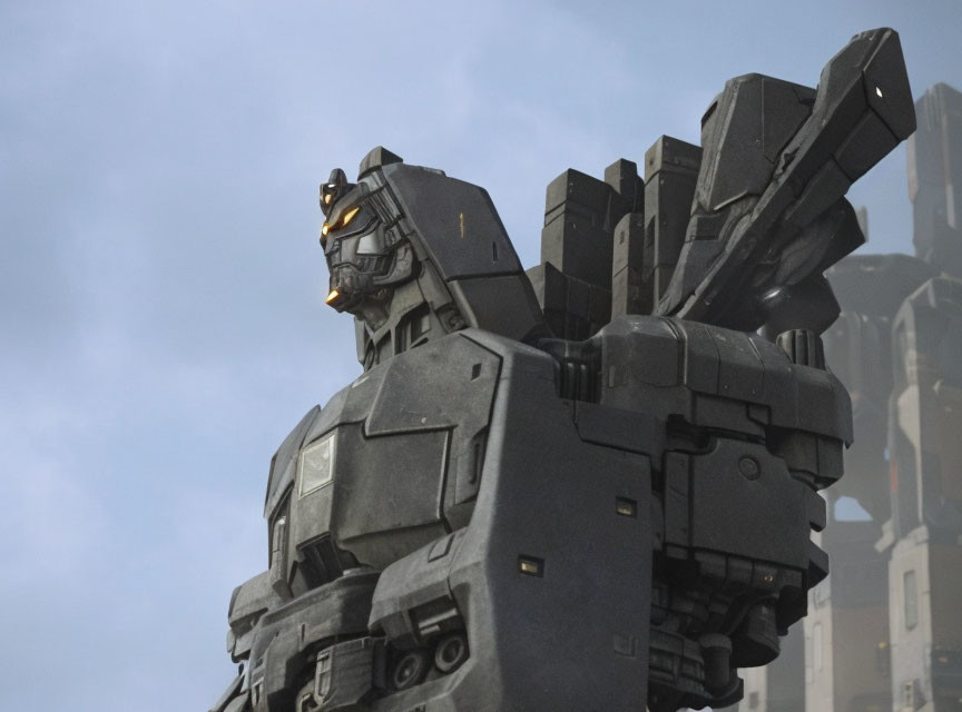 Large humanoid-faced robot with dark metal exterior and shoulder-mounted missile launchers