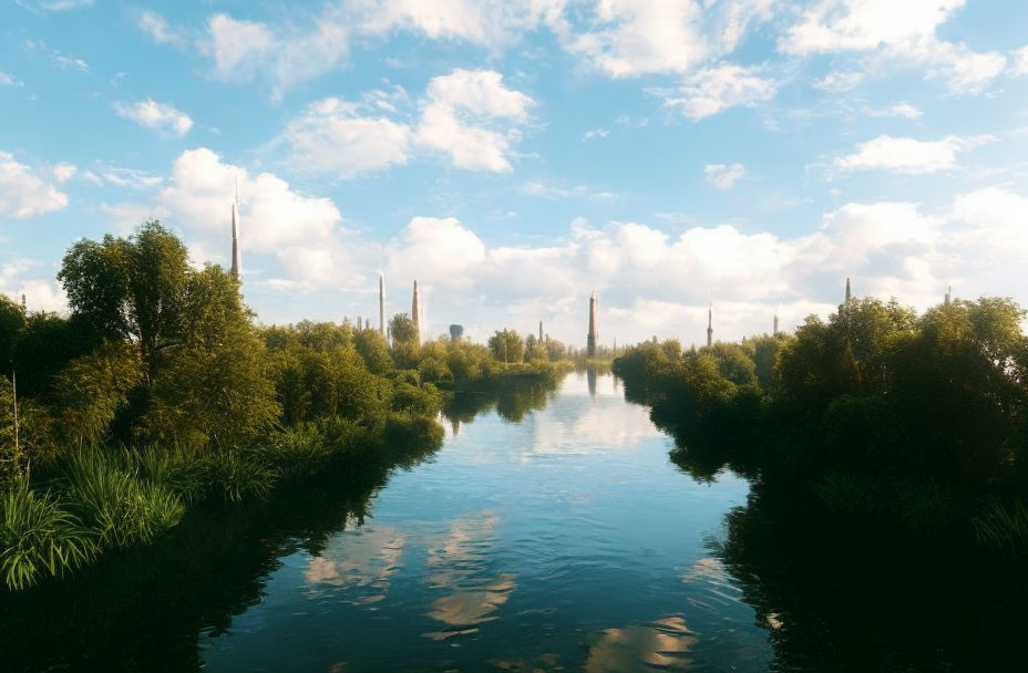 Scenic river surrounded by greenery under blue sky