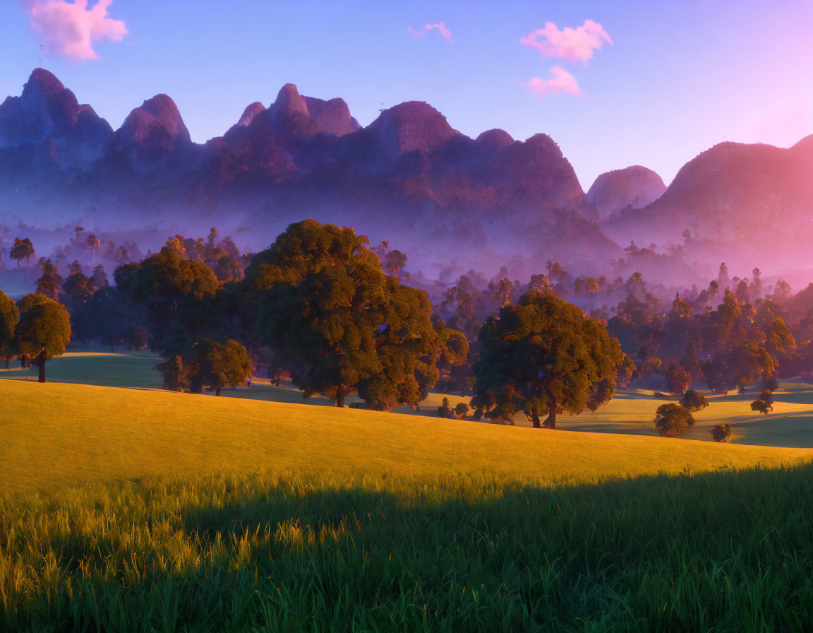 Tranquil sunset landscape with lush greenery and majestic mountains