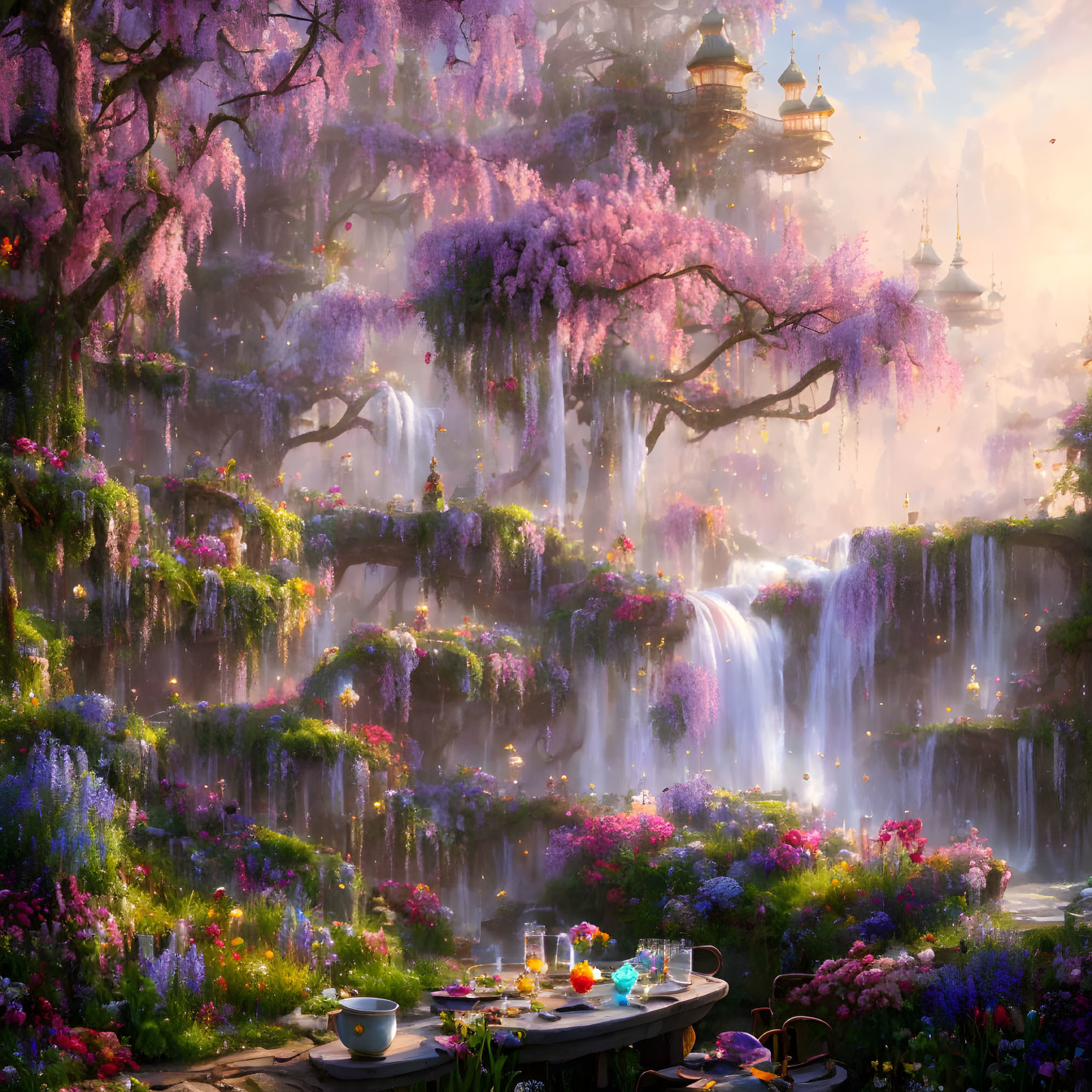 Tranquil fantasy landscape with waterfalls, pink trees, and picnic setup