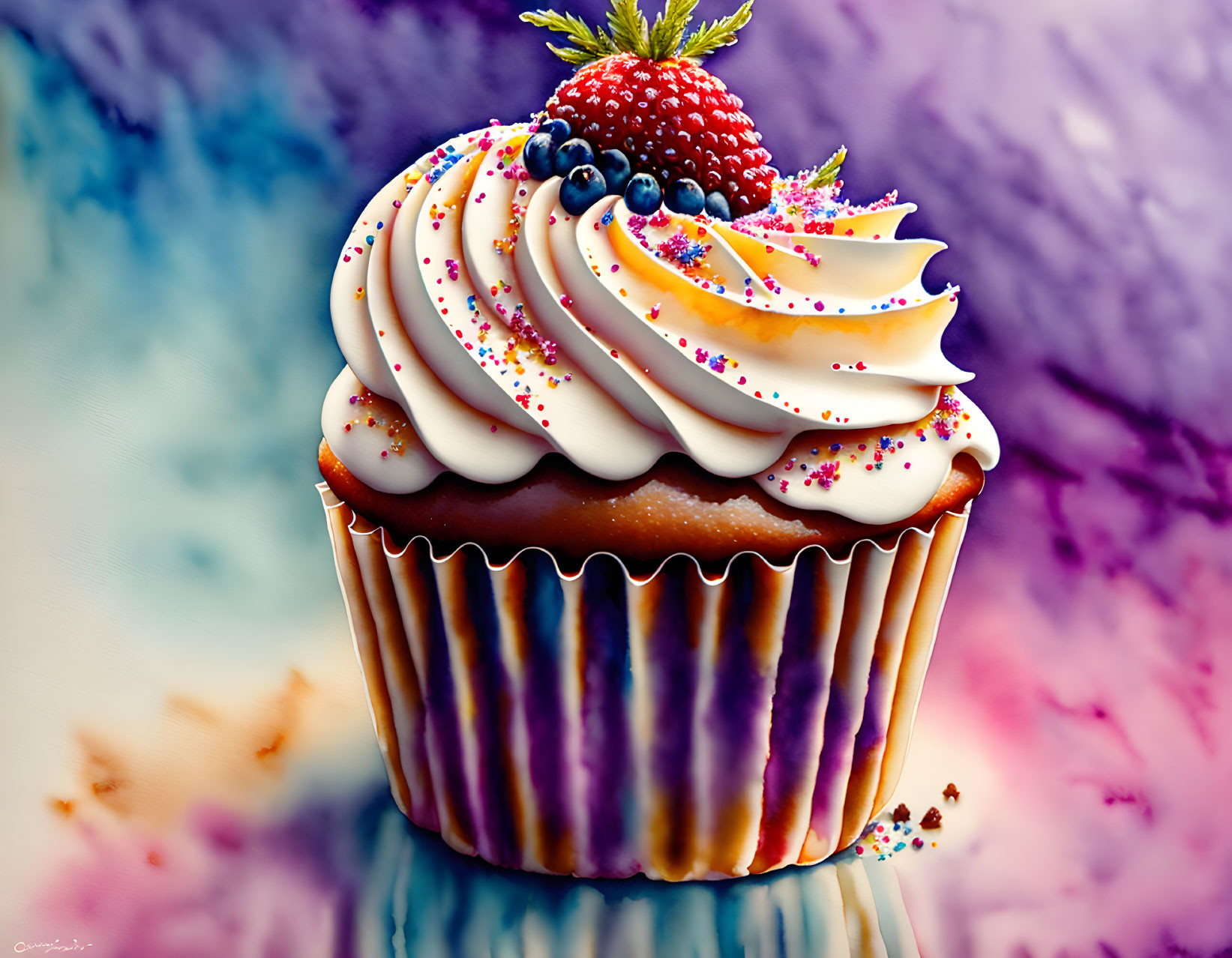 Colorful cupcake with creamy frosting and fresh berries on blurred background