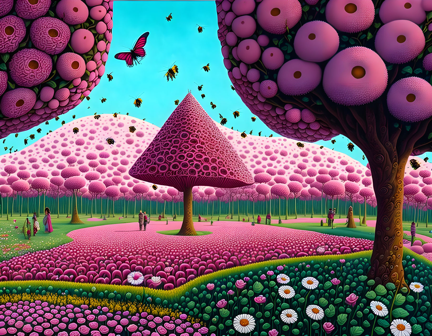 Surreal landscape with oversized pink and purple flora, tiny people, and bees in a clear blue