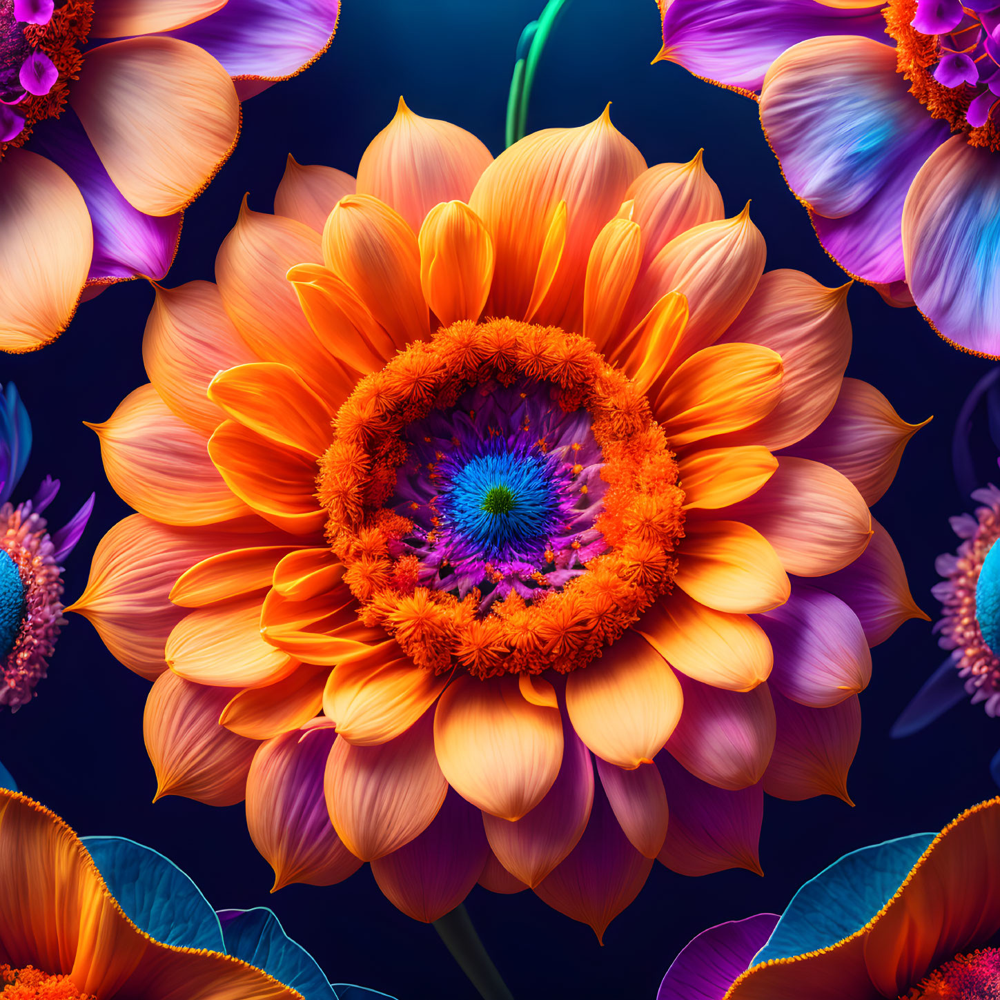 Colorful Close-Up of Orange Sunflower Among Vibrant Flowers