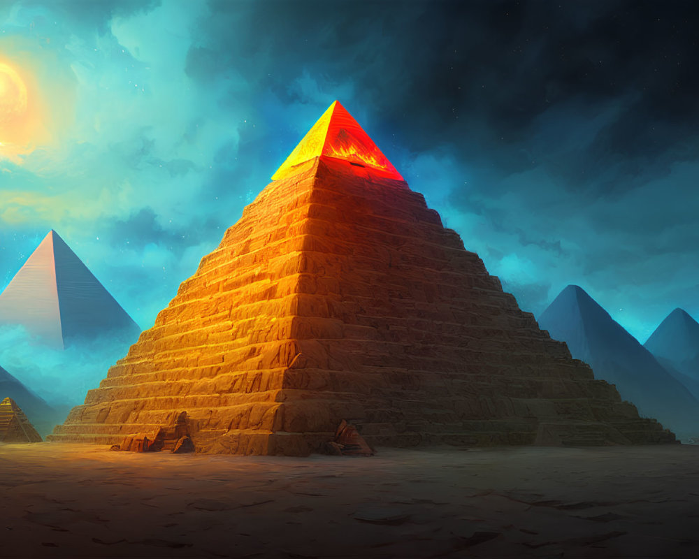 Majestic pyramids under starry sky with glowing red-orange light