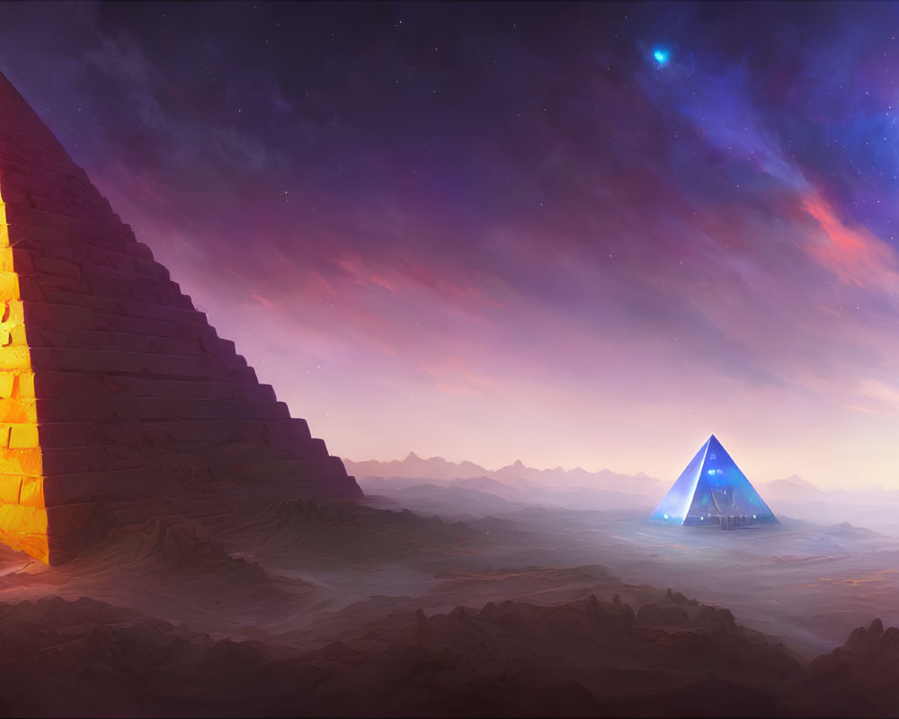 Digital Artwork: Glowing Blue Pyramids in Celestial Landscape