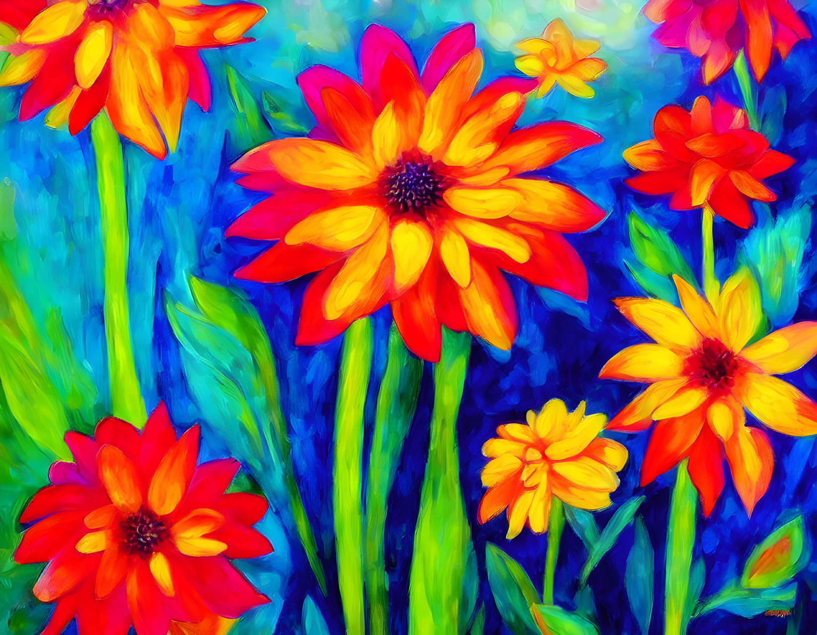 Colorful Flowers Oil Painting with Red-Orange Hue on Blue Background