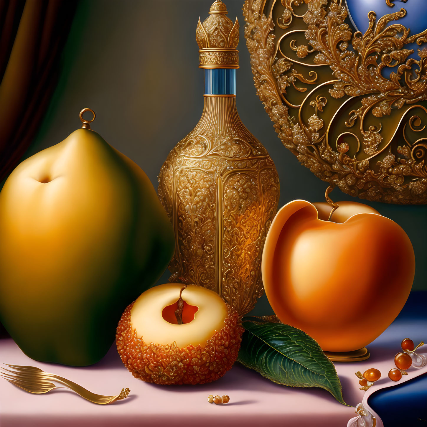 Ornate golden objects, fruit, and utensils in still life painting