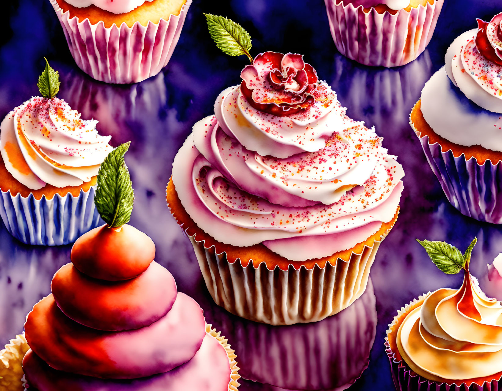 Colorful cupcakes with pink and white icing, sprinkles, flower, and cherry on purple background